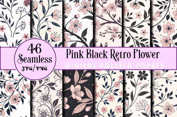 Download Seamless Pink Black Retro Flower Pattern - Retro flower Collection