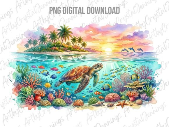 Download Tropical Sea Turtle Sunset Art PNG - Tropical Collection