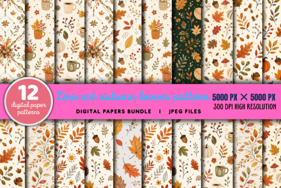Download Line Art Autumn Leaves Pattern Bundle - Line art Collection