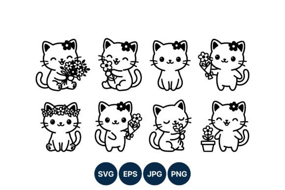 Download Cute Cat Flower Line Art Vector - Line art Collection