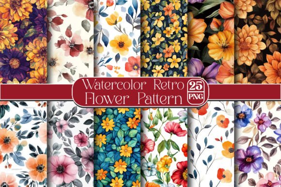 Download Watercolor Retro Flower Pattern - Retro flower Collection